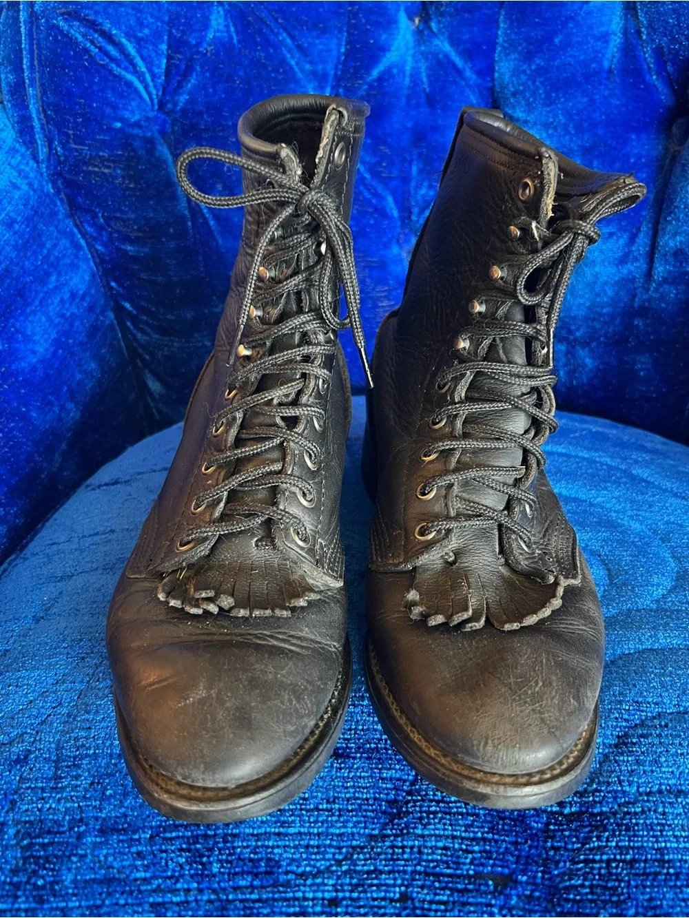 Vintage DD Tuff Black pebble Leather Lace-Up Men's Boots w/ Fringe Accent Sz 8.5